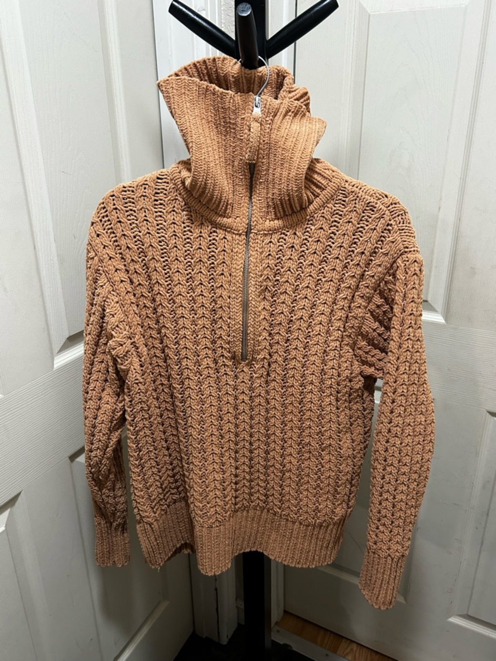 Aerie Cable Car Quarter-Zip Sweater in the color Camel - Picture 3 of 9